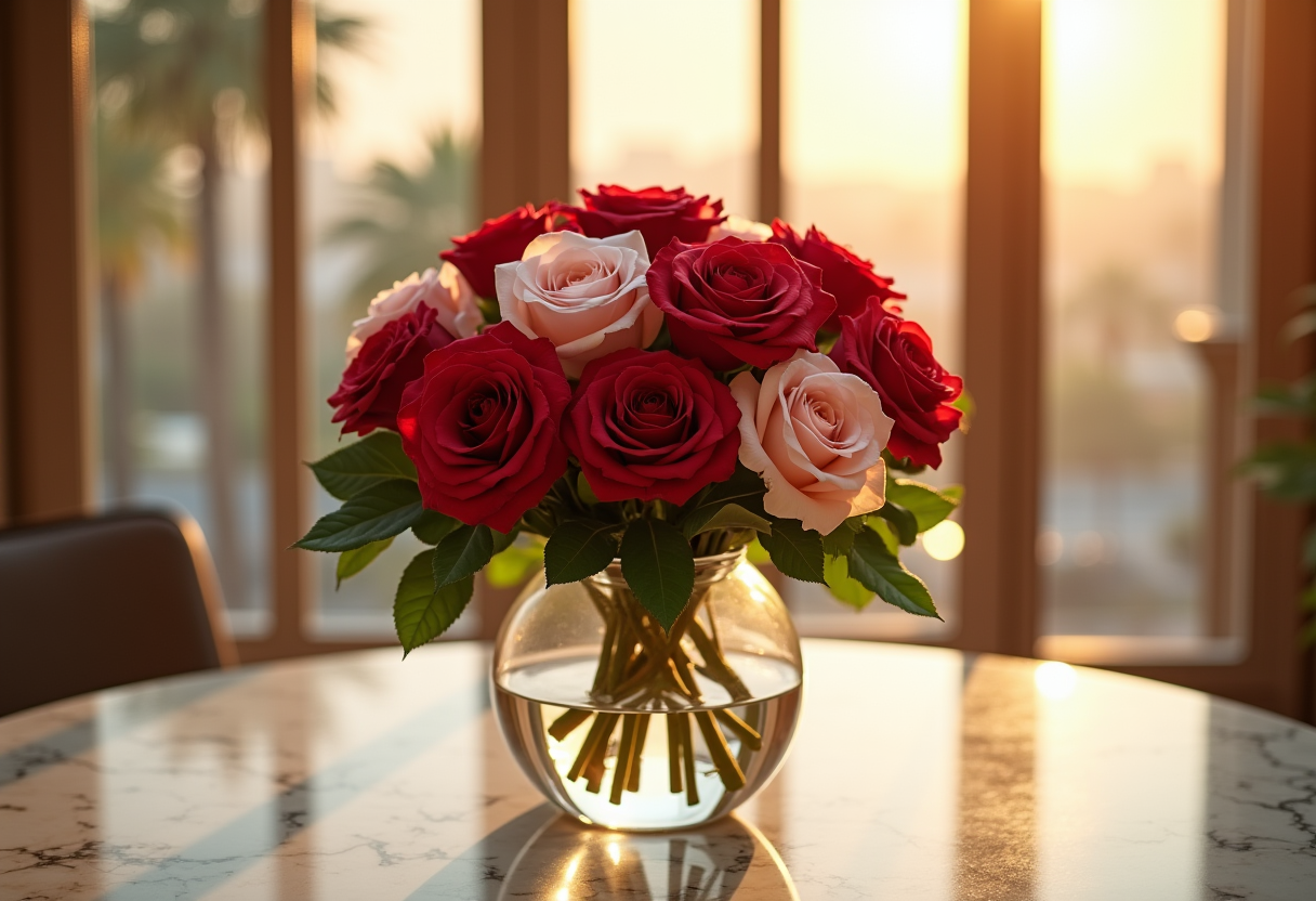 Luxury anniversary bouquet of red and blush pink roses in a Dubai apartment