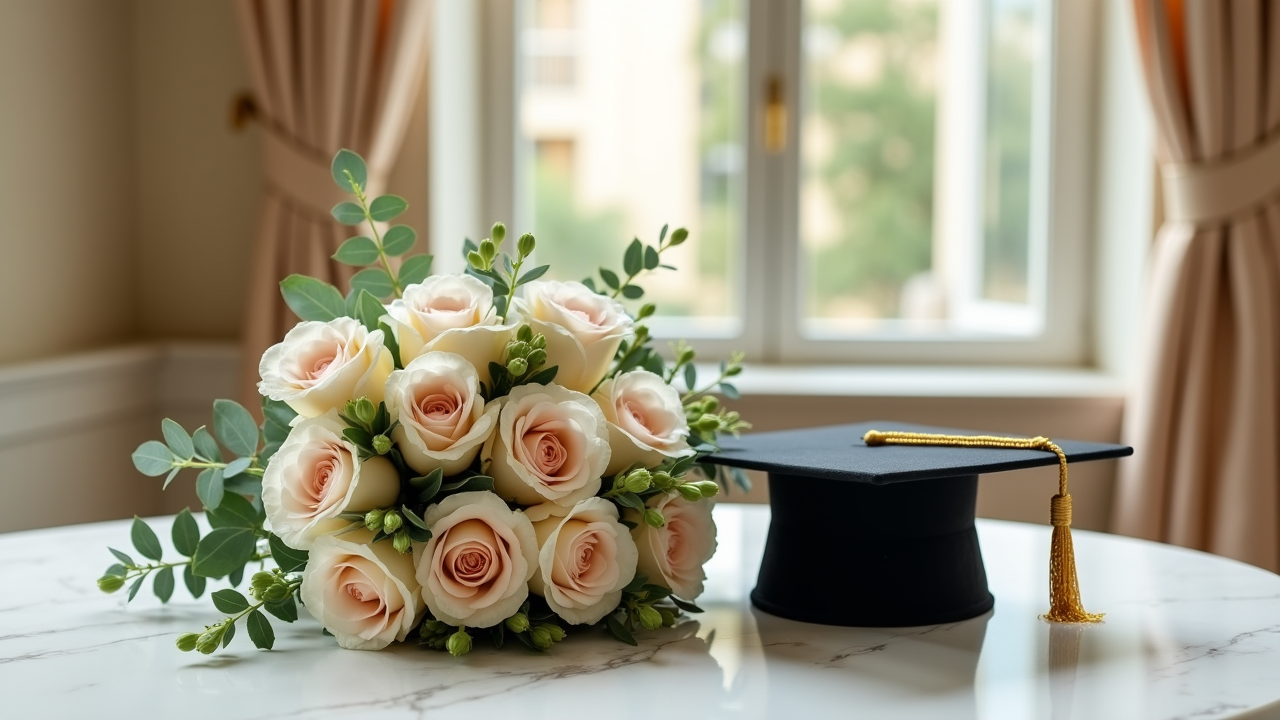 Luxury graduation bouquet of ivory roses with a graduation cap, Dubai — Upscale & Posh
