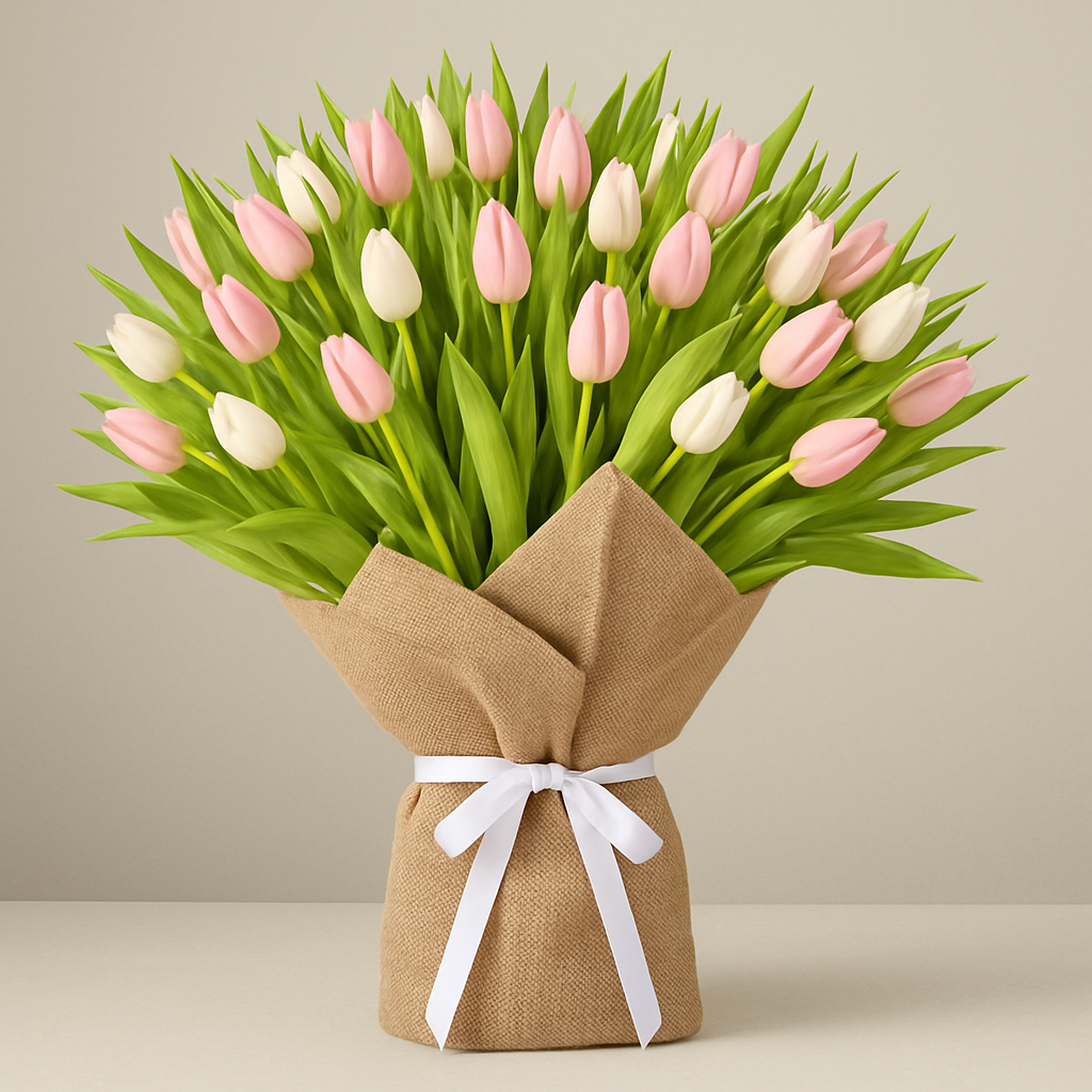 20 Pastel Tulips Burlap Wrapped Bouquet #Size_Grand