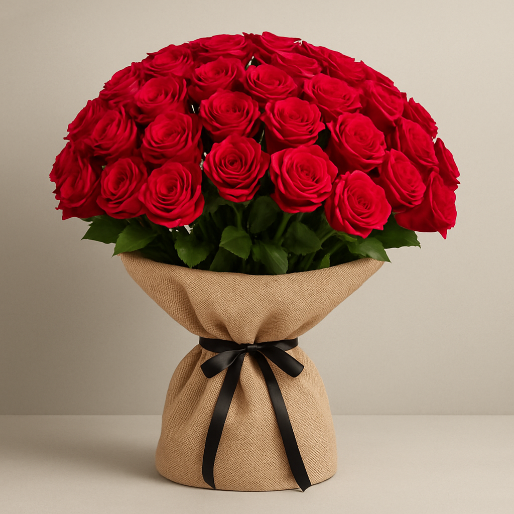 40 Red Ecuador Roses Burlap Wrapped Bouquet #Size_Deluxe