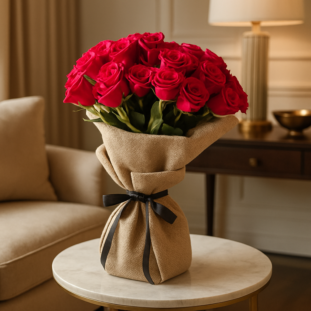 40 Red Ecuador Roses Burlap Wrapped Bouquet