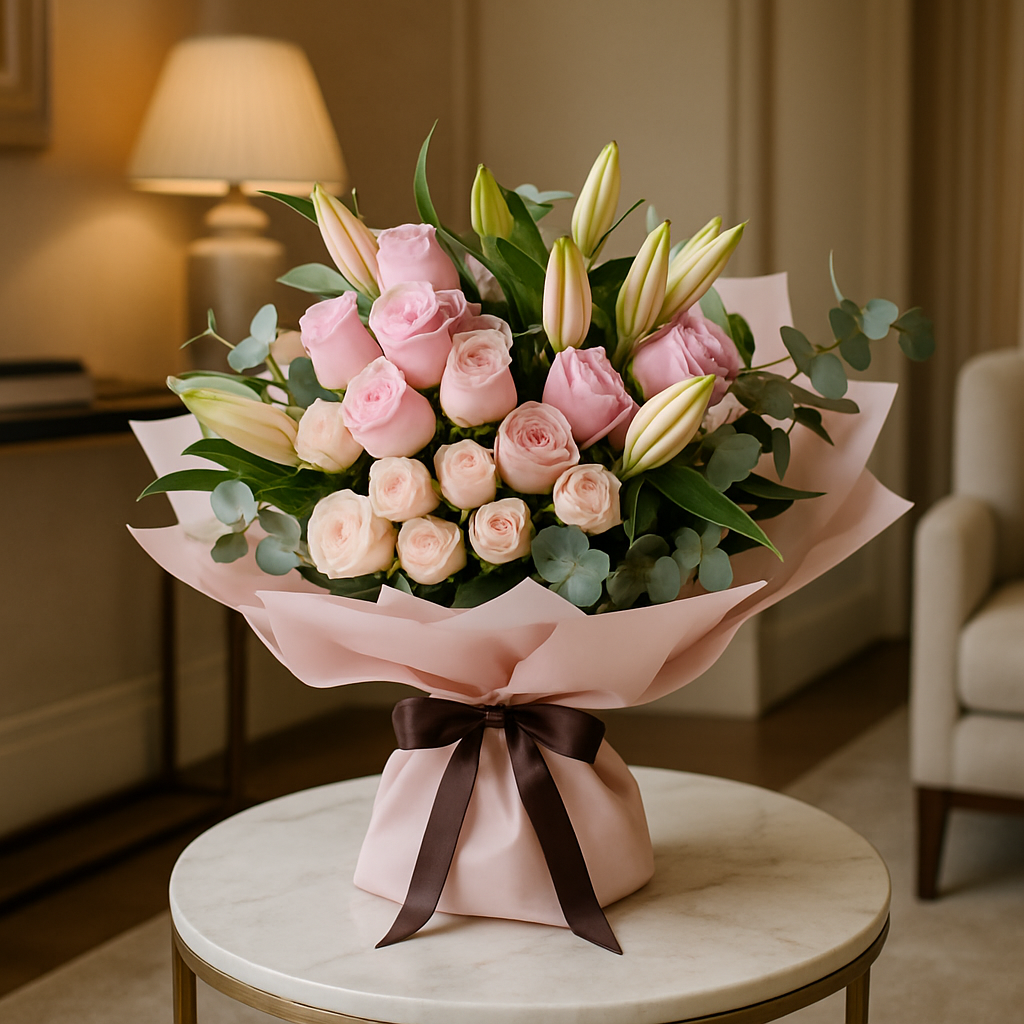 April Sun – Romantic Spray Roses And Roses Hand-Tied Bouquet