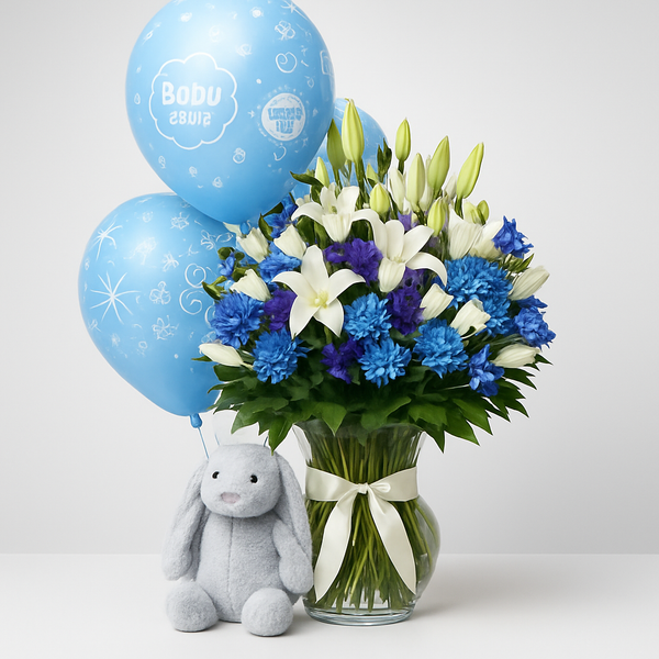 Baby Boy Bunny Combo – Soft Roses And Lilies Gift Set