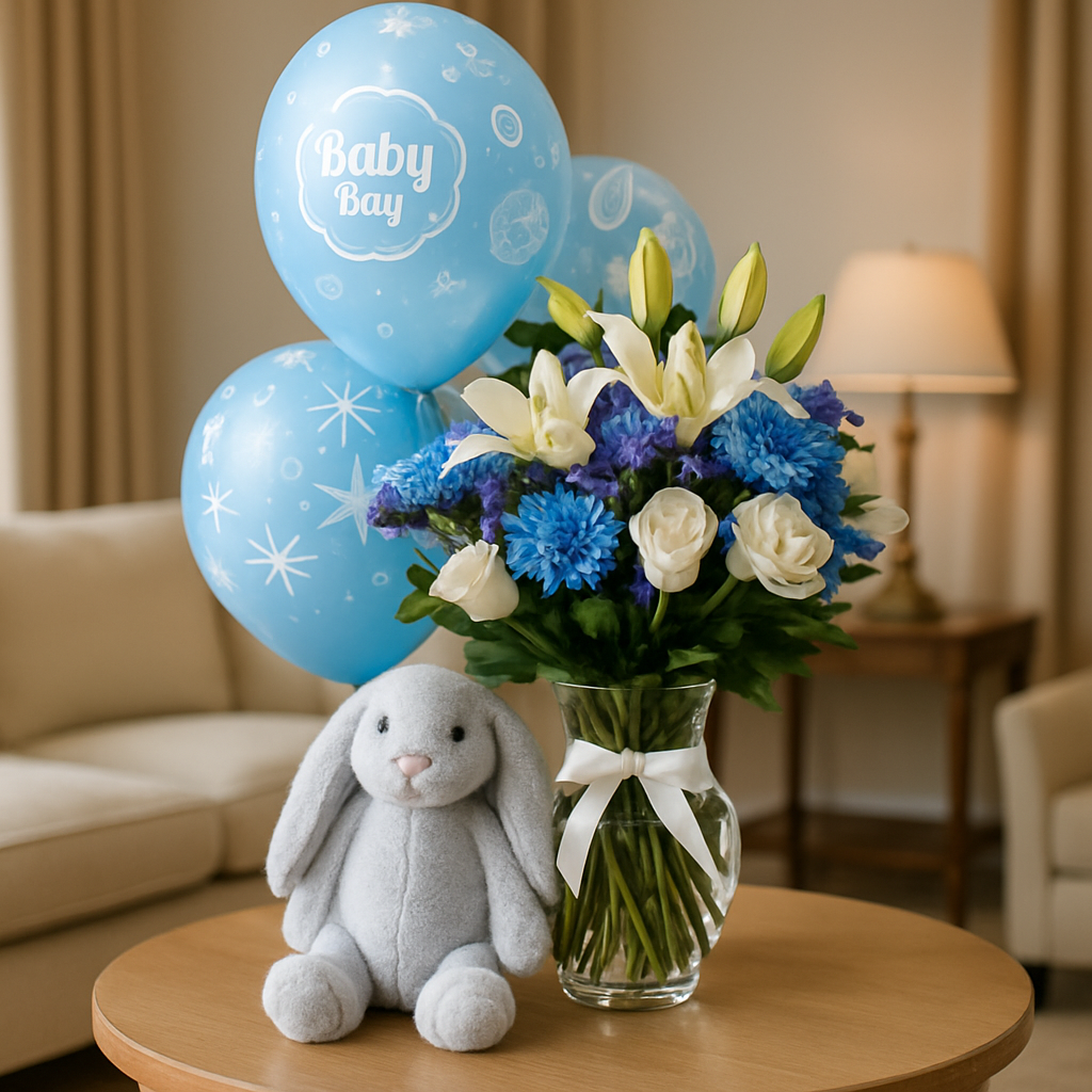 Baby Boy Bunny Combo – Soft Roses And Lilies Gift Set