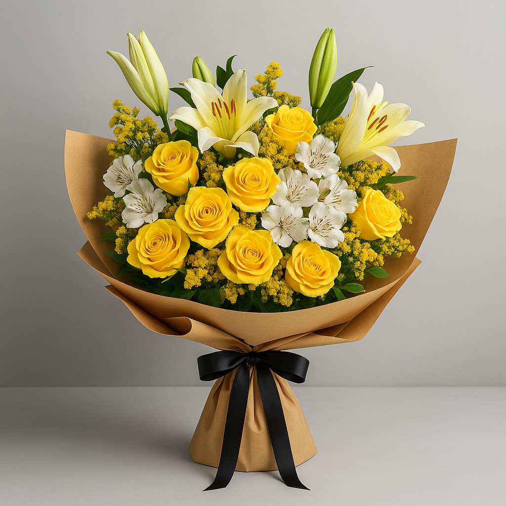 Beautiful Blossoms – Birthday Roses And Lilies Hand-Tied Bouquet #Size_Classic