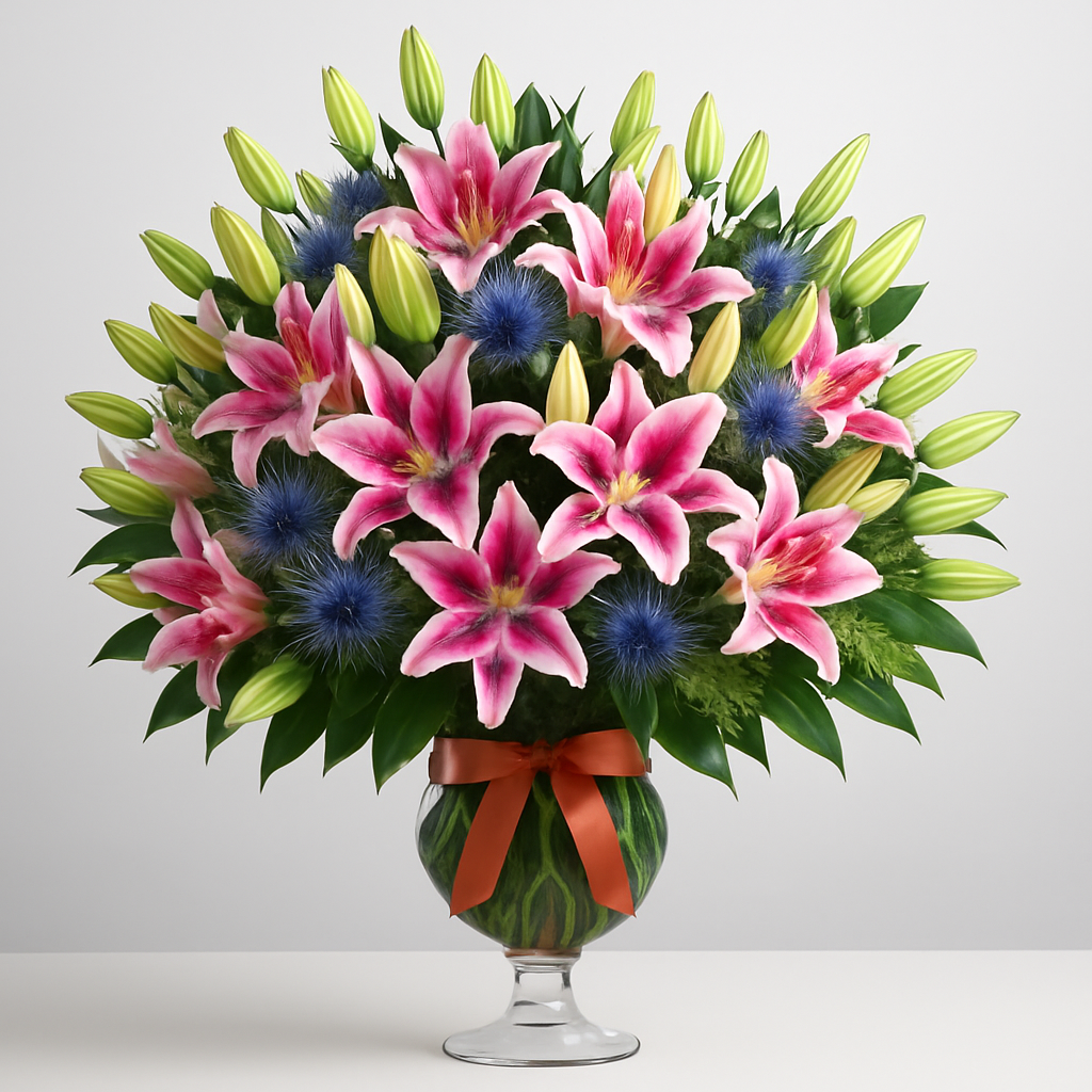 Birds Of Paradise – Birthday Tulips And Lilies Vase Arrangement #Size_Grand