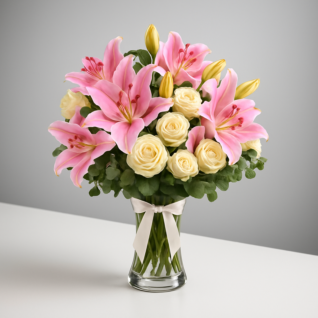 Bright Dreams – Birthday Roses And Lilies Vase Arrangement #Size_Classic