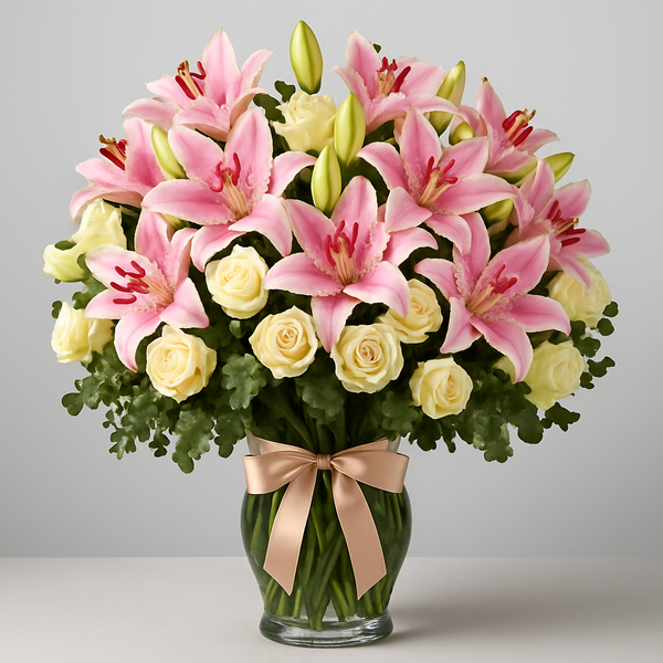 Bright Dreams – Birthday Roses And Lilies Vase Arrangement