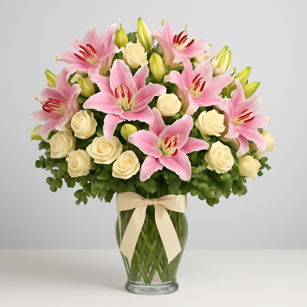 Bright Dreams – Birthday Roses And Lilies Vase Arrangement #Size_Grand