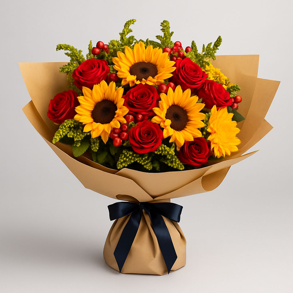 Brighten Your Day – Birthday Roses And Sunflowers Hand-Tied Bouquet #Size_Classic