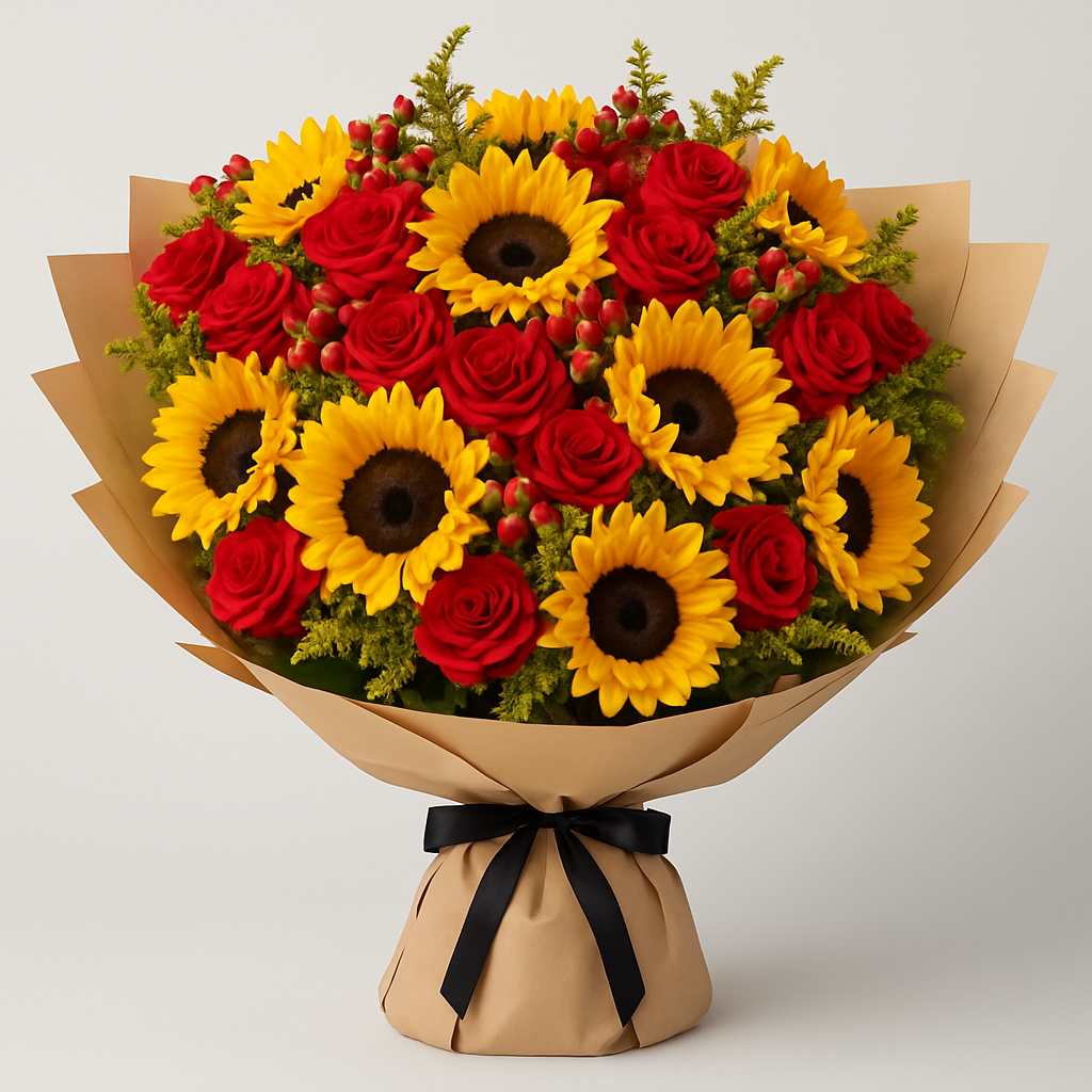 Brighten Your Day – Birthday Roses And Sunflowers Hand-Tied Bouquet #Size_Deluxe