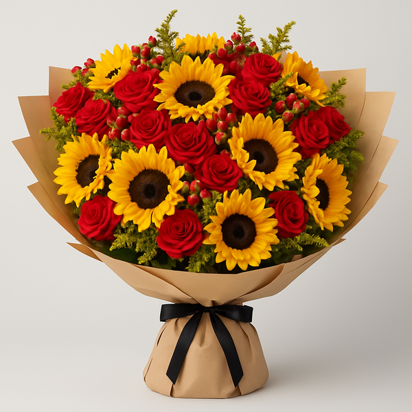 Brighten Your Day – Birthday Roses And Sunflowers Hand-Tied Bouquet