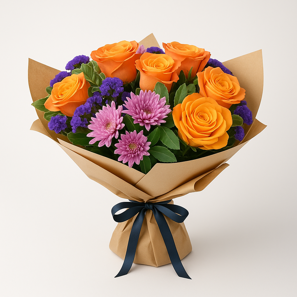 Coral Meadow Bouquet – Birthday Roses And Chrysanthemums Hand-Tied Bouquet #Size_Classic