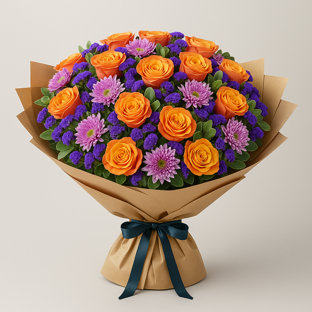 Coral Meadow Bouquet – Birthday Roses And Chrysanthemums Hand-Tied Bouquet #Size_Grand