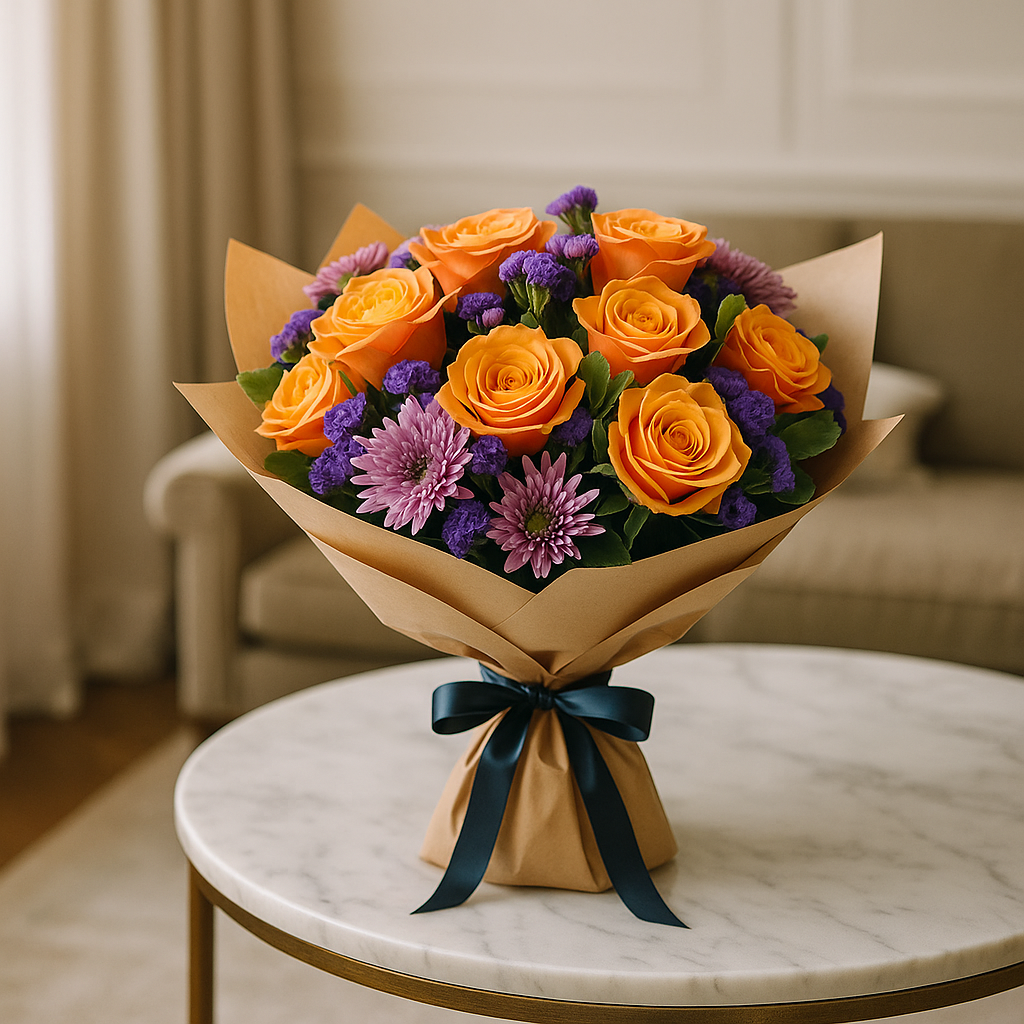Coral Meadow Bouquet – Birthday Roses And Chrysanthemums Hand-Tied Bouquet