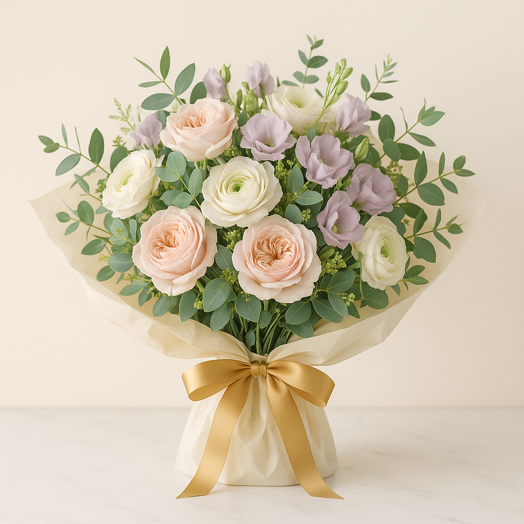 Designer's Choice Luxury Bouquet - Seasonal flowers wrapped in premium cream tissue with gold ribbon