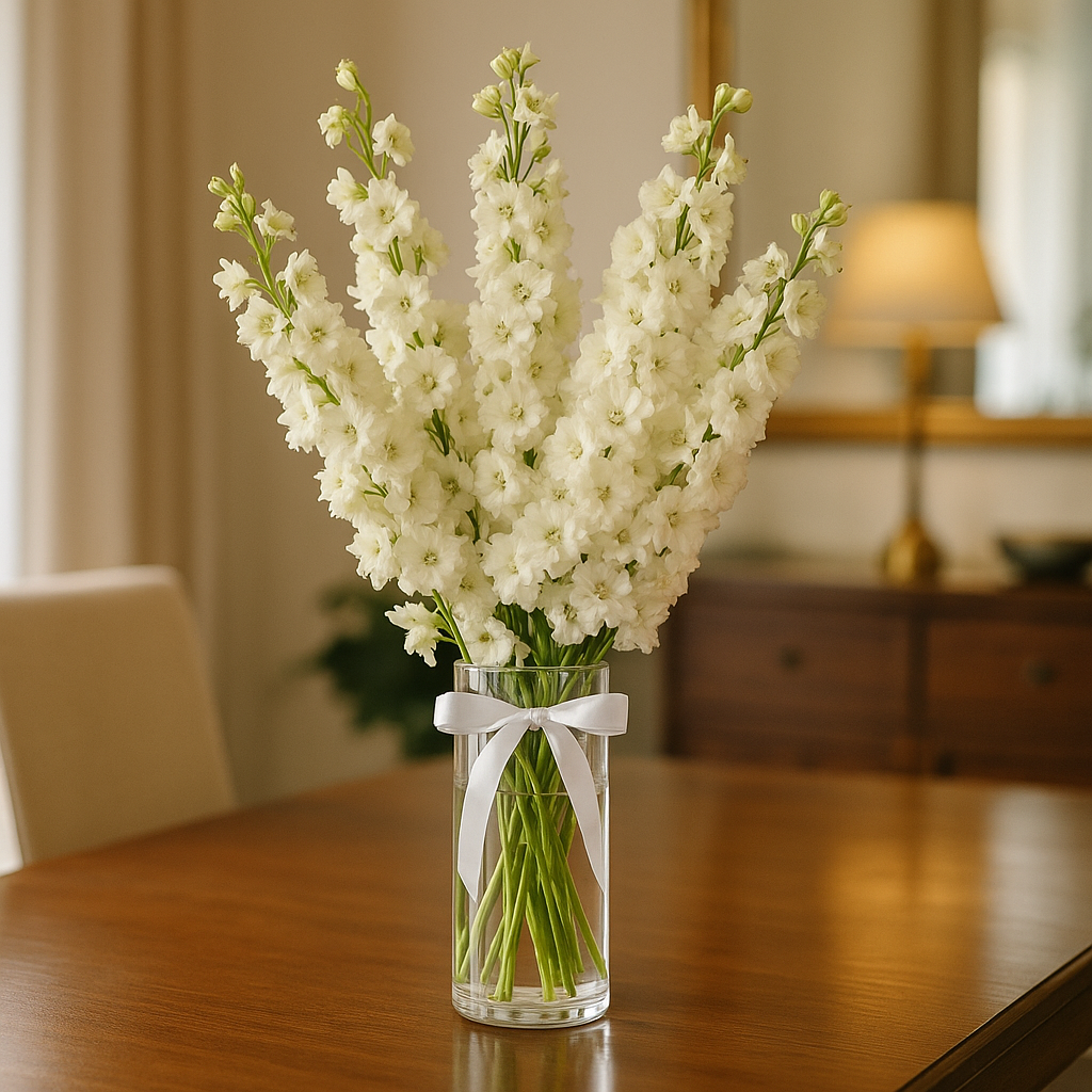 Designer's Collection #1 - White Delphinium – Birthday White And Yellow Flowers Vase Arrangement