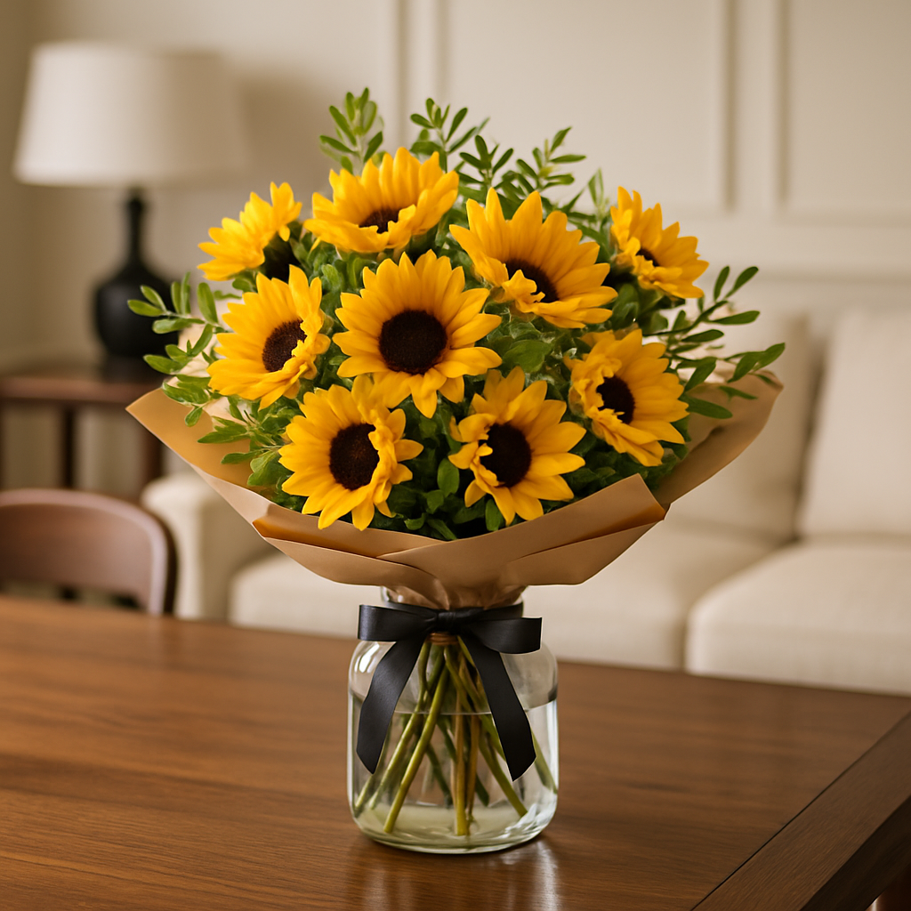Designer's Collection #11 - Sunflowers – Birthday Roses And Sunflowers Vase Arrangement