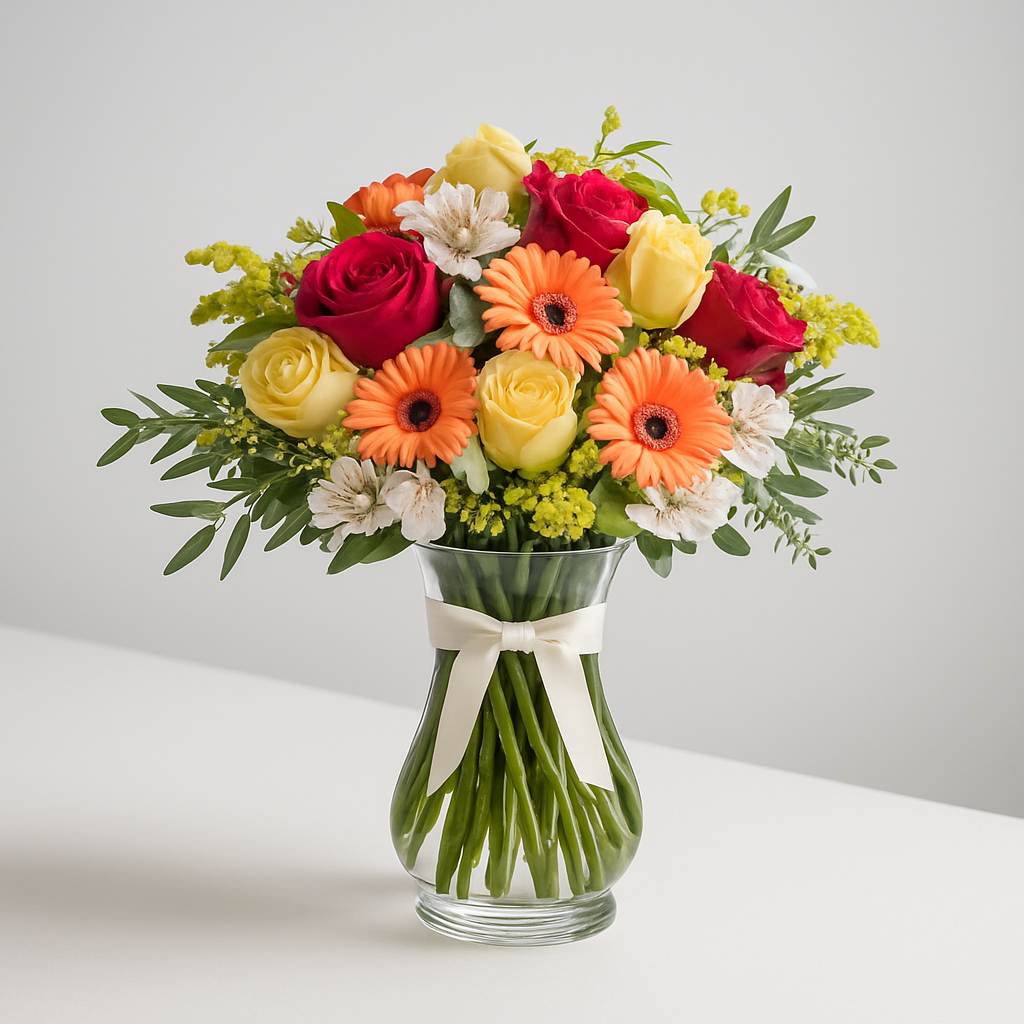 Doubly Beautiful – Birthday Roses And Alstroemeria Vase Arrangement #Size_Classic