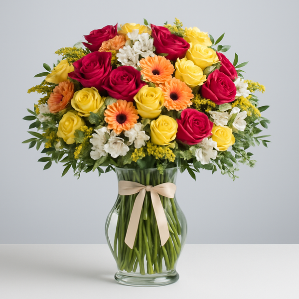 Doubly Beautiful – Birthday Roses And Alstroemeria Vase Arrangement