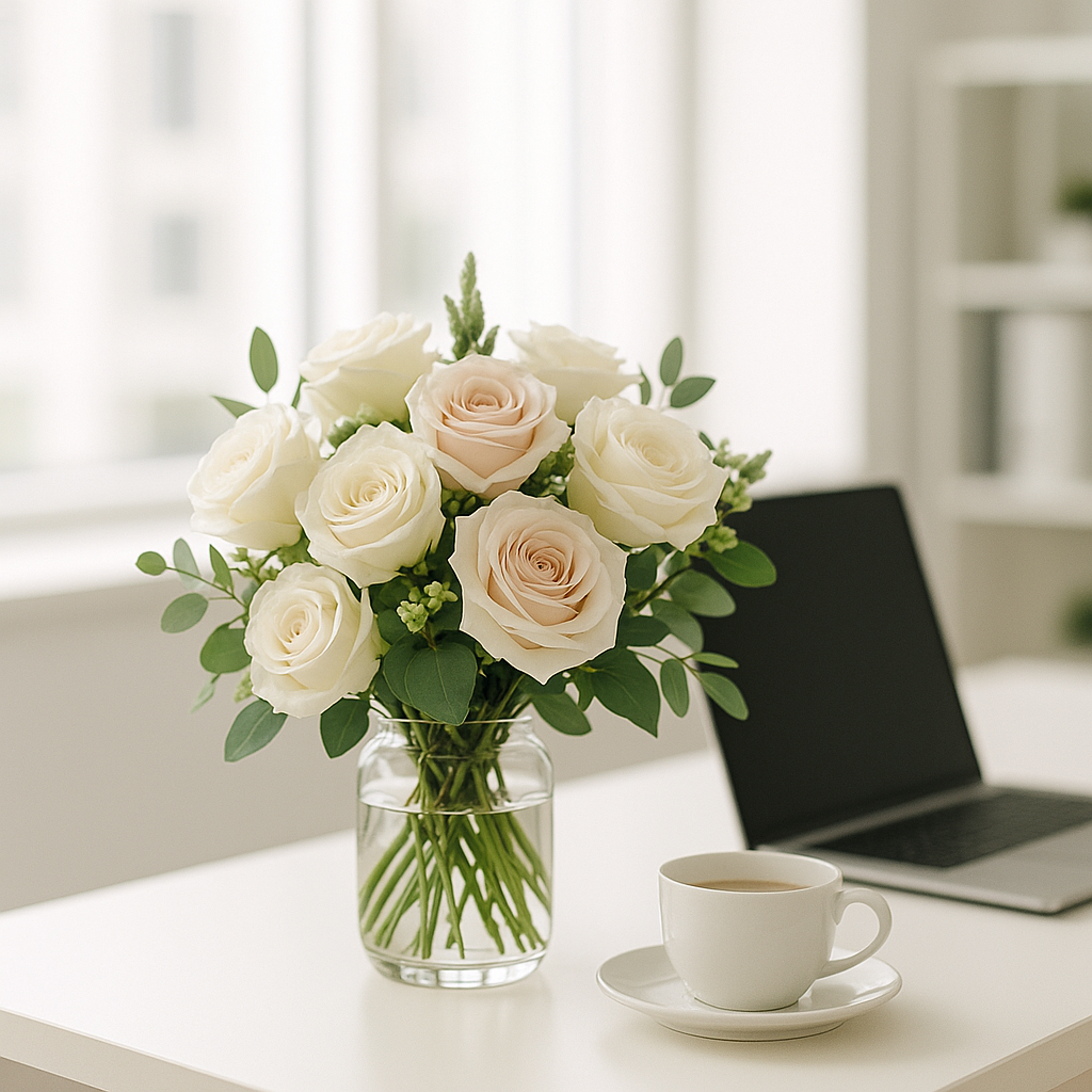 Essentials weekly flower subscription arrangement on an office desk