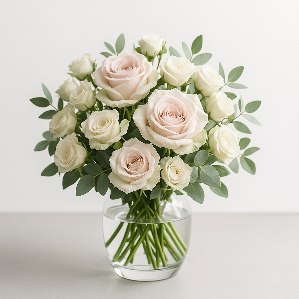 Essentials Flower Subscription — pale pink roses and spray roses in a glass vase, angled view