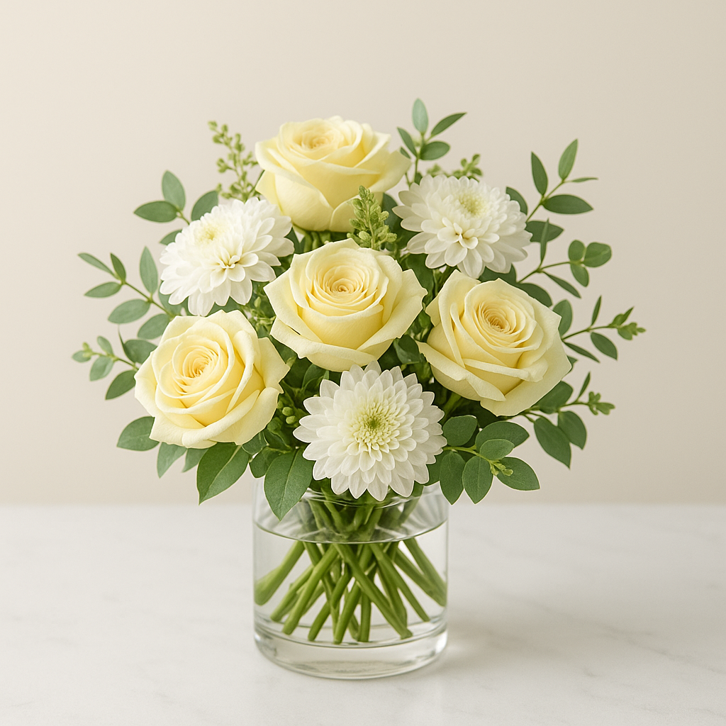 Essentials Flower Subscription — compact arrangement of soft yellow roses and white chrysanthemums in a clear glass vase