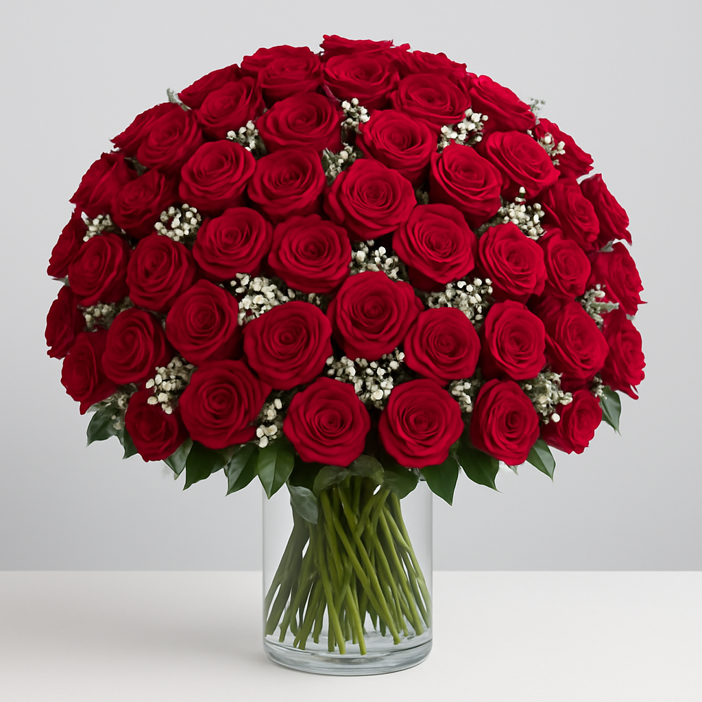 Flame Of Passion – Birthday Roses Vase Arrangement #Size_Grand
