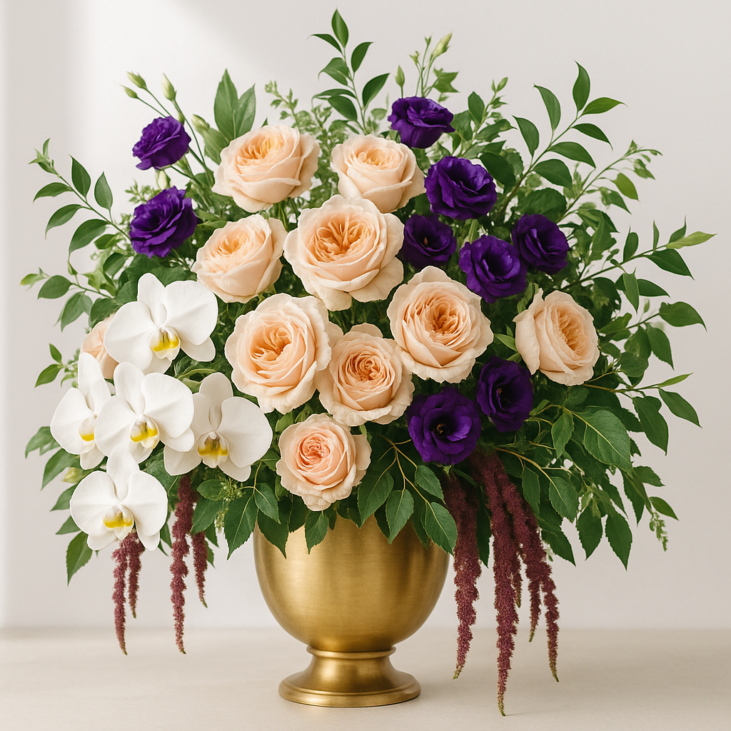Grand Flower Subscription — opulent arrangement of garden roses, orchids and trailing amaranthus in a brushed gold vase