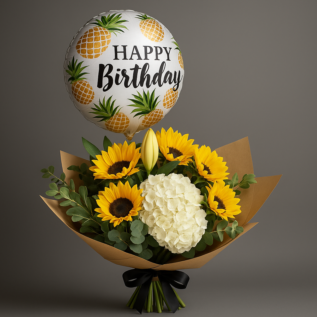 Happy Birthday Combo – Birthday Hydrangea And Sunflowers Floral Gift Set