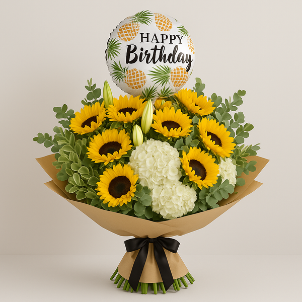 Happy Birthday Combo – Birthday Hydrangea And Sunflowers Floral Gift Set