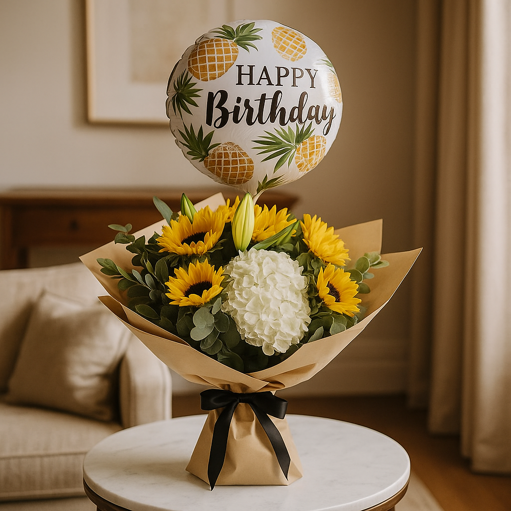 Happy Birthday Combo – Birthday Hydrangea And Sunflowers Floral Gift Set