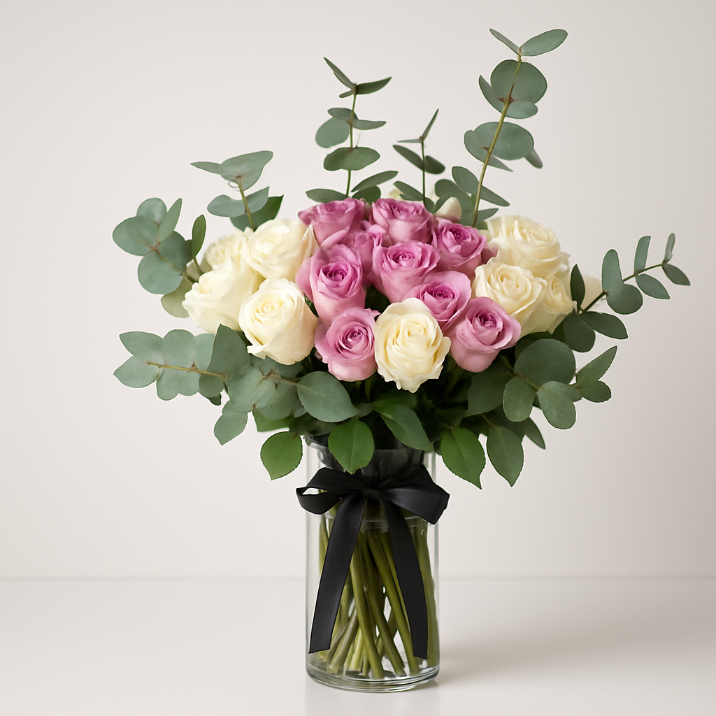 Hidden Dream – Birthday Roses And Eucalyptus Vase Arrangement #Size_Classic