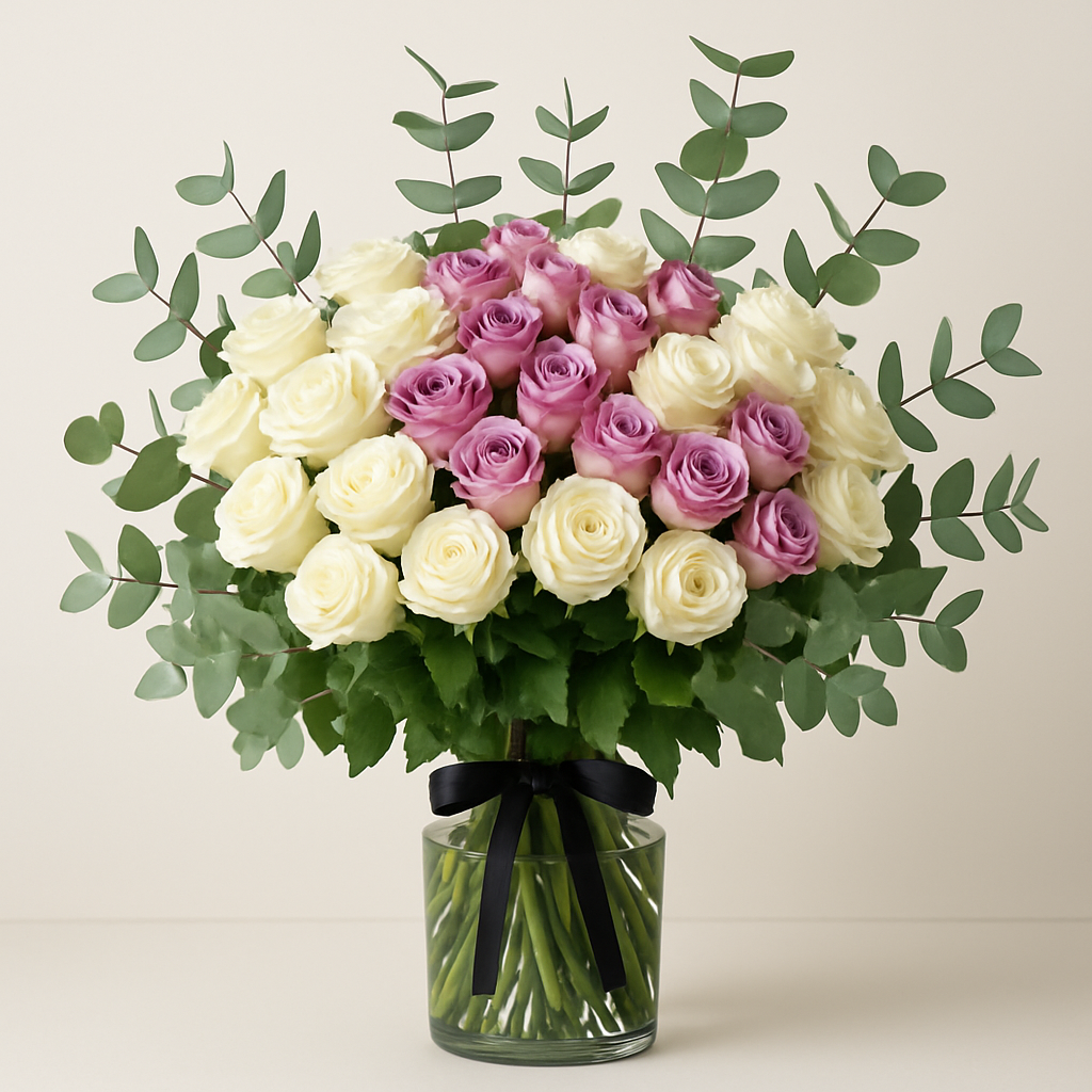 Hidden Dream – Birthday Roses And Eucalyptus Vase Arrangement #Size_Grand