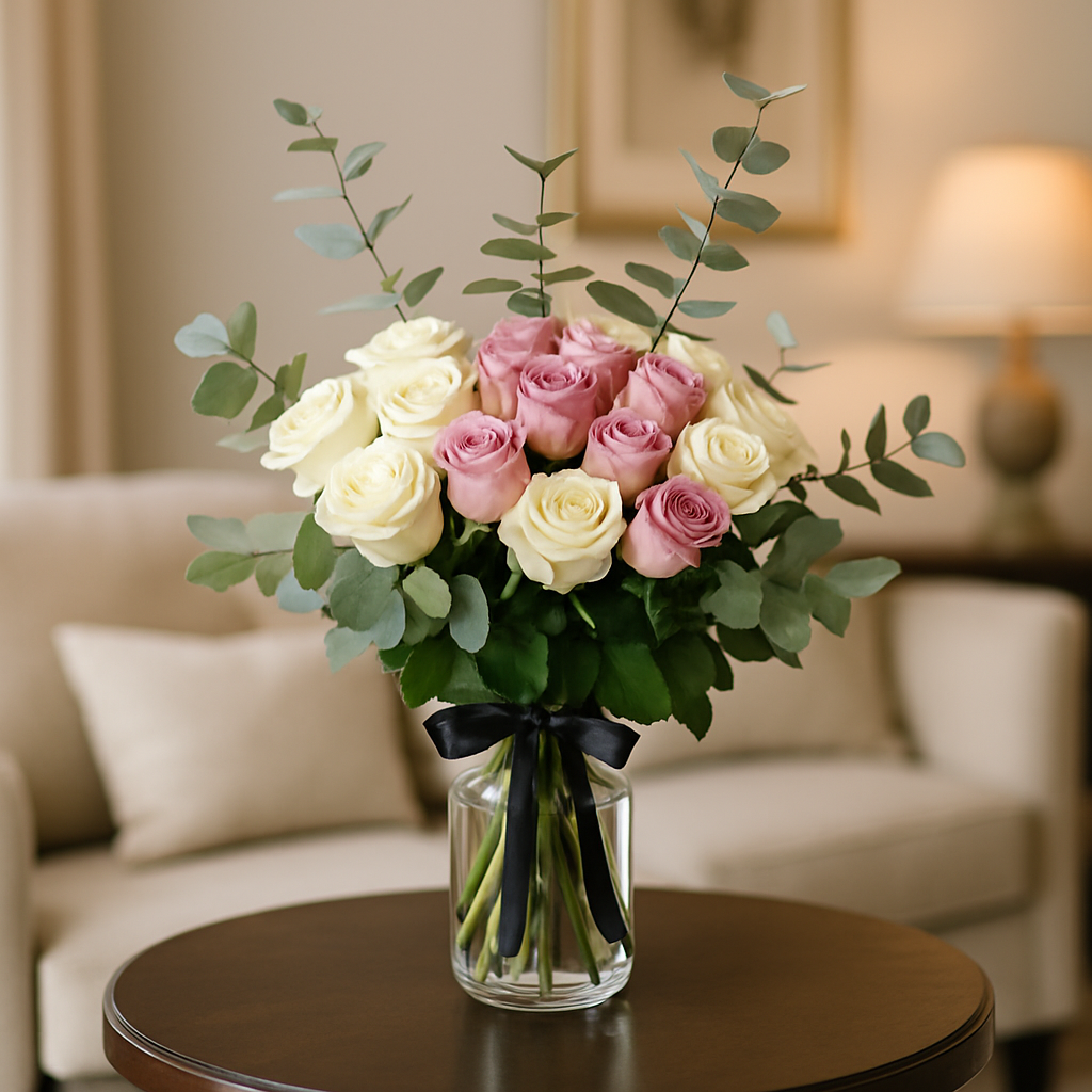 Hidden Dream – Birthday Roses And Eucalyptus Vase Arrangement