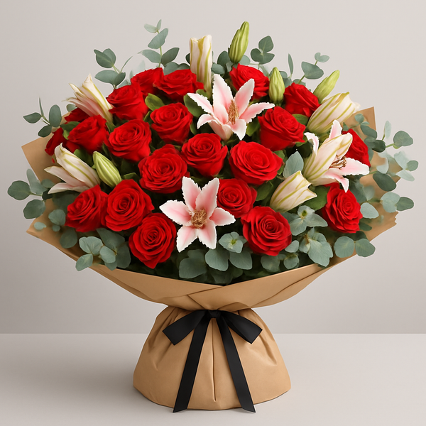 La Fleur – Birthday Roses And Lilies Hand-Tied Bouquet