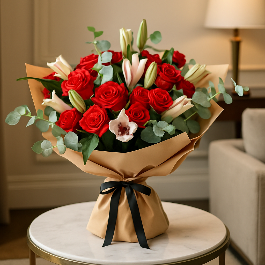La Fleur – Birthday Roses And Lilies Hand-Tied Bouquet