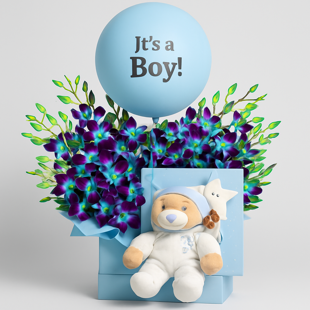 Little Prince Combo - New Baby Boy Gift Set – Birthday Roses And Orchids Gift Set #Size_Deluxe