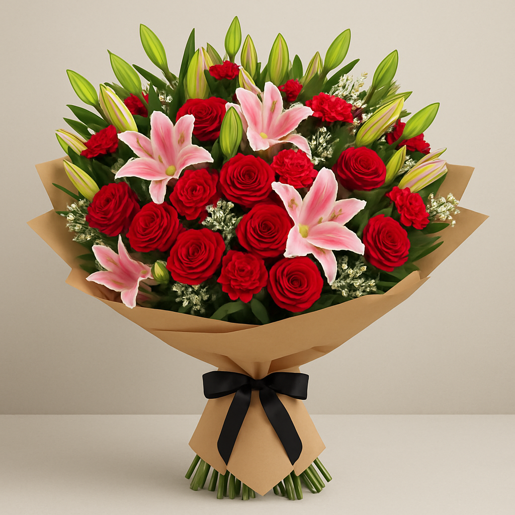 Love Is All Around – Birthday Roses And Lilies Bouquet #Size_Deluxe