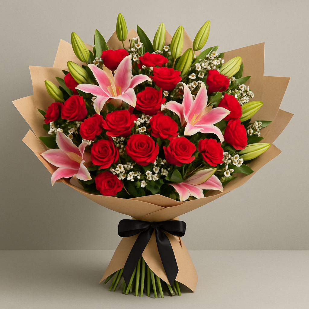 Love Is All Around – Birthday Roses And Lilies Bouquet #Size_Grand