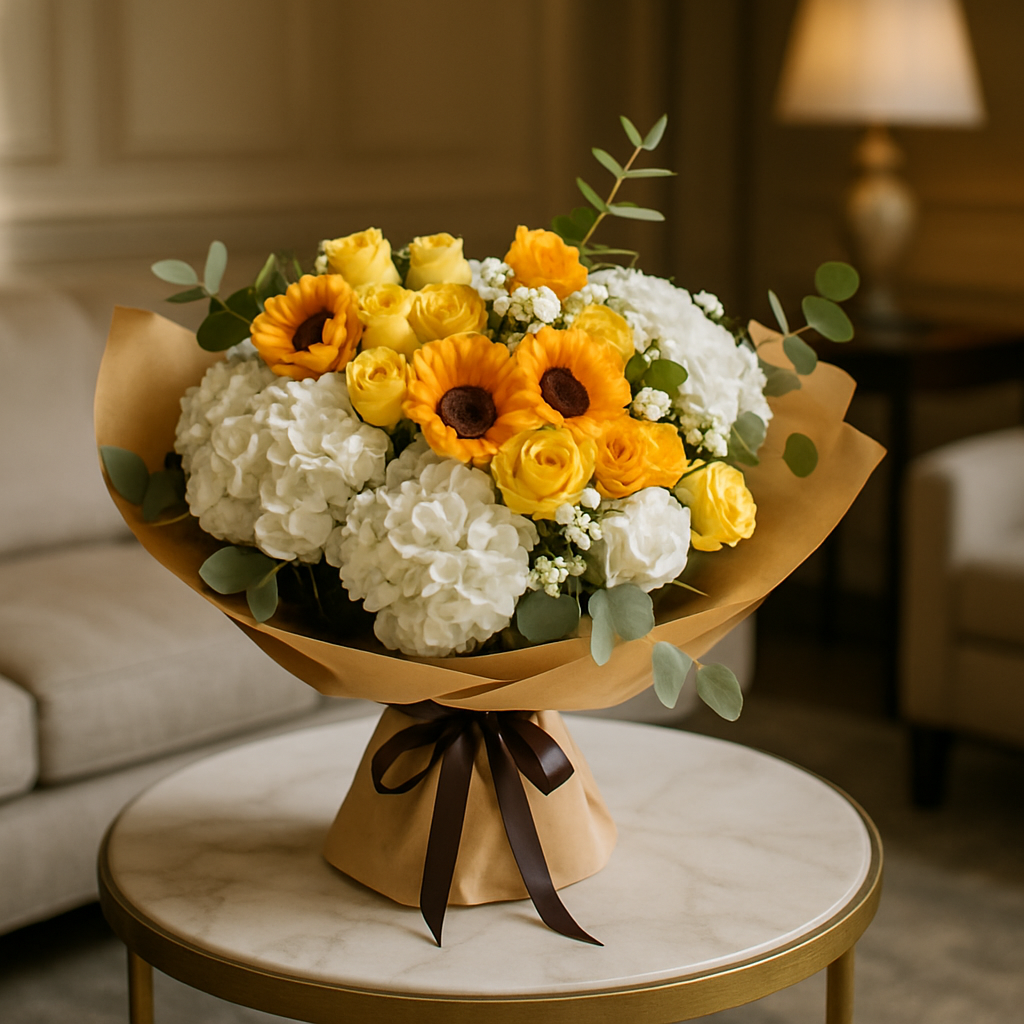 Mango – Birthday Roses And Hydrangea Hand-Tied Bouquet