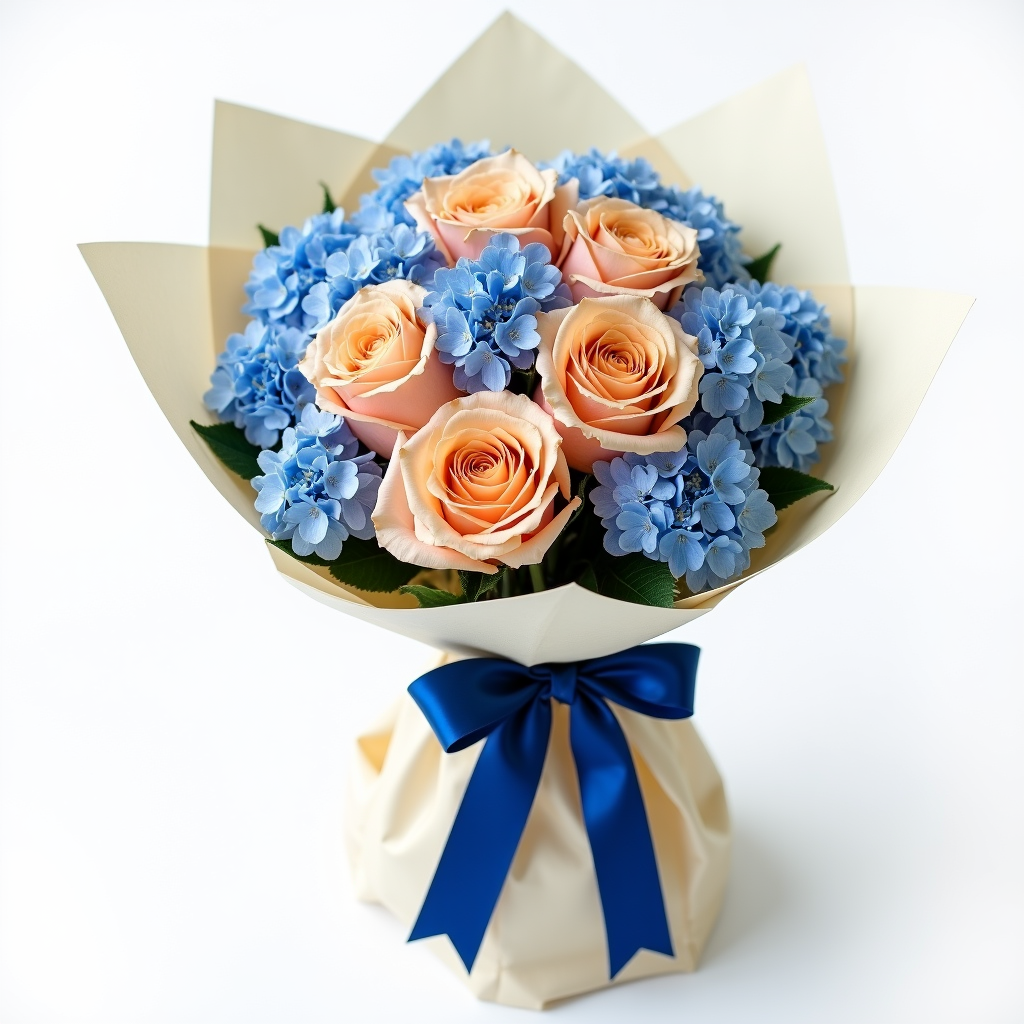Pastel Blue and Peach Bouquet – Hydrangea And Roses #Size_Classic