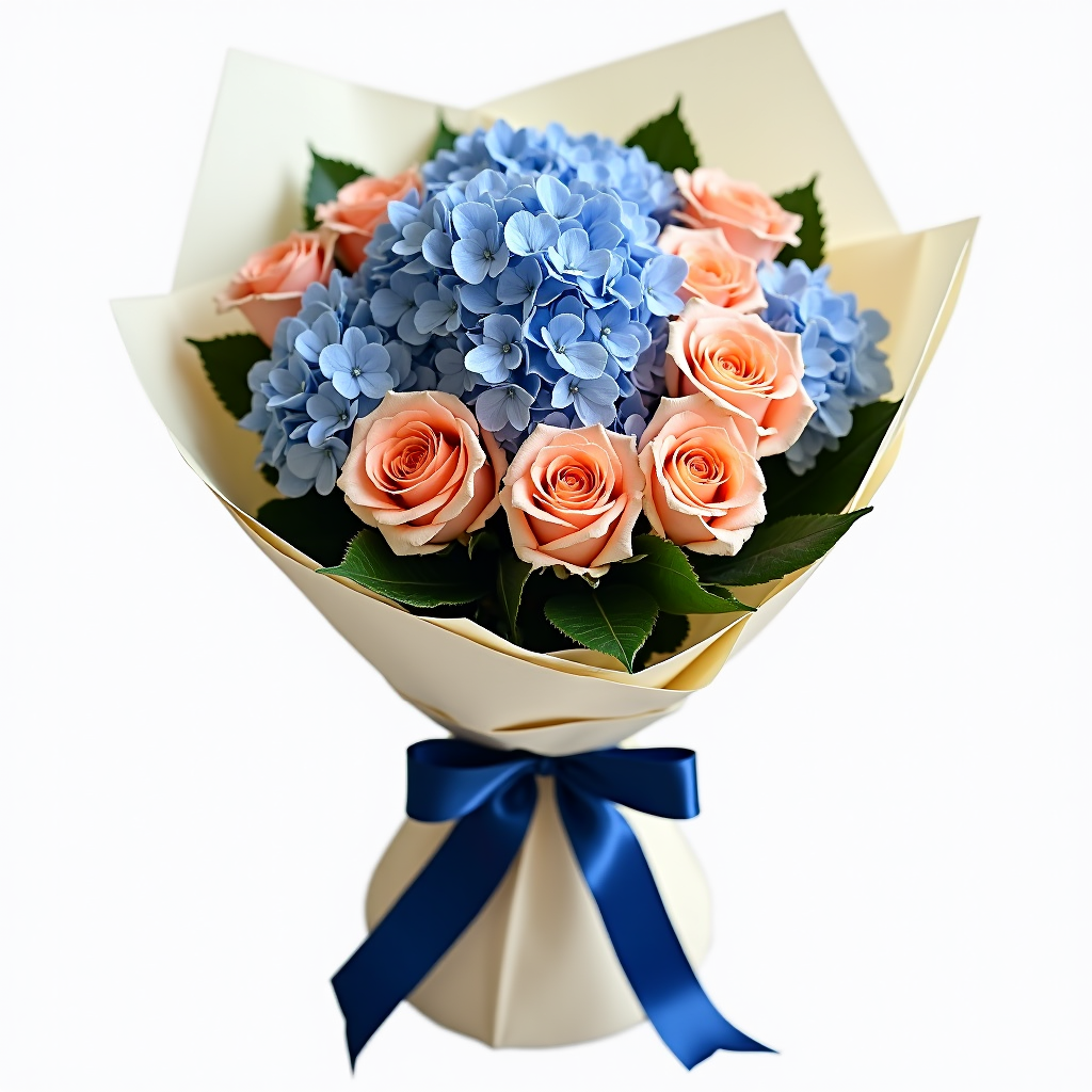 Pastel Blue and Peach Bouquet – Hydrangea And Roses #Size_Deluxe