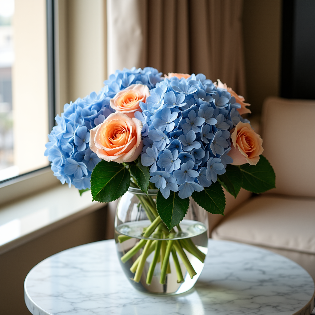 Pastel Blue and Peach Bouquet – Hydrangea And Roses