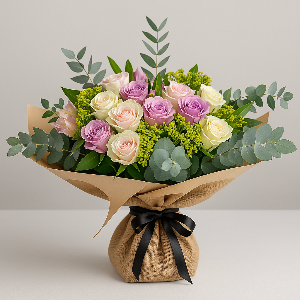 Pastel Burlap Wrapped Bouquet – Birthday Roses And Alstroemeria #Size_Classic