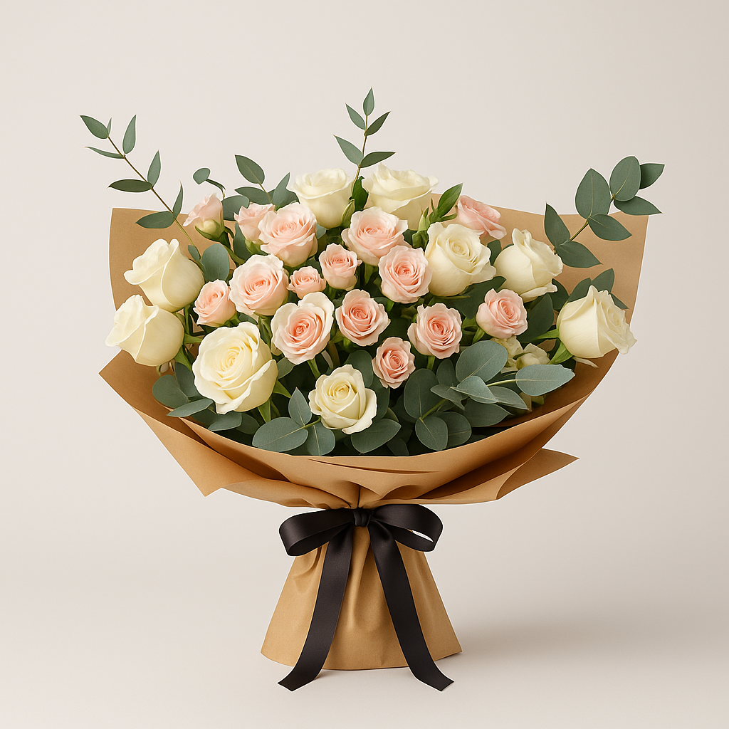 Peach and White Blush Bouquet – Romantic Spray Roses And Roses #Size_Classic