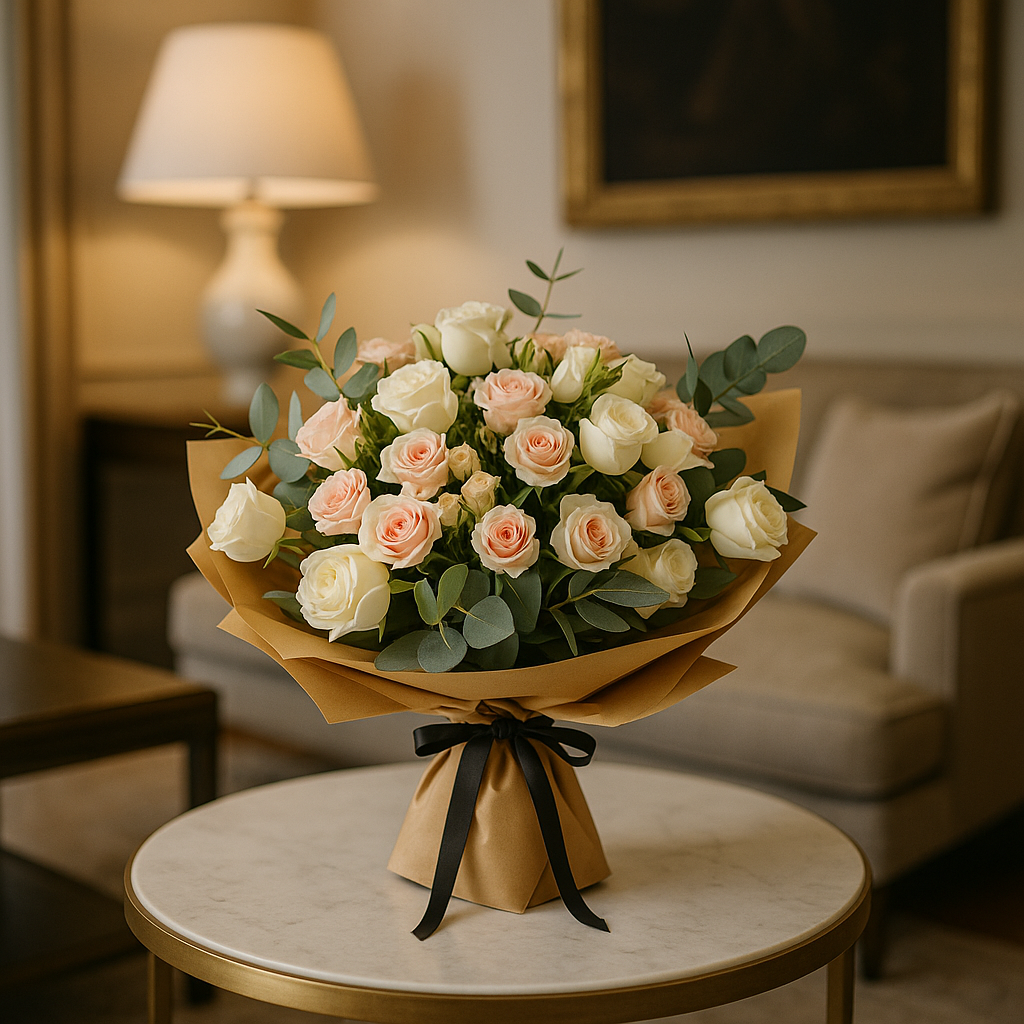 Peach and White Blush Bouquet – Romantic Spray Roses And Roses