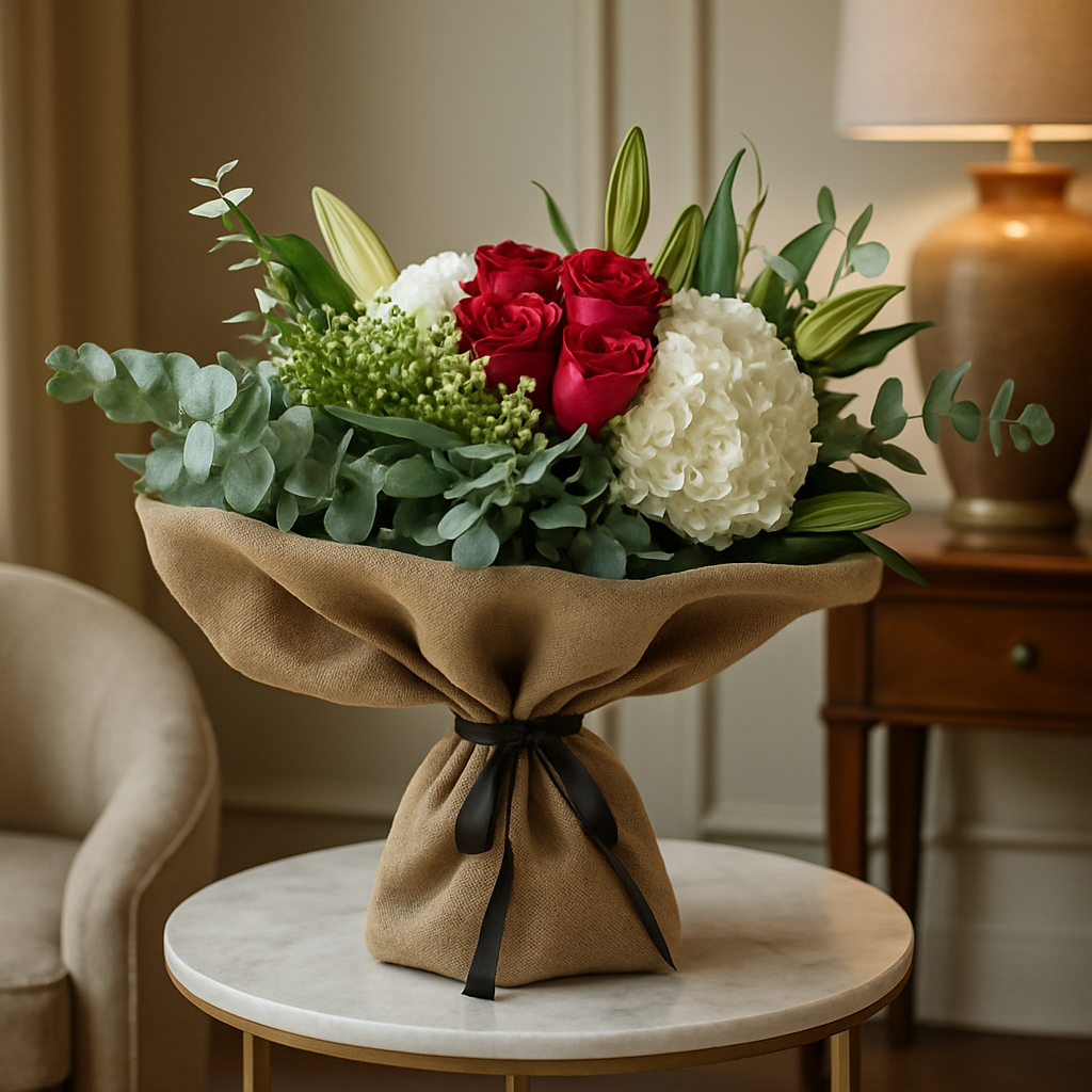 Red And White Burlap Wrapped Bouquet
