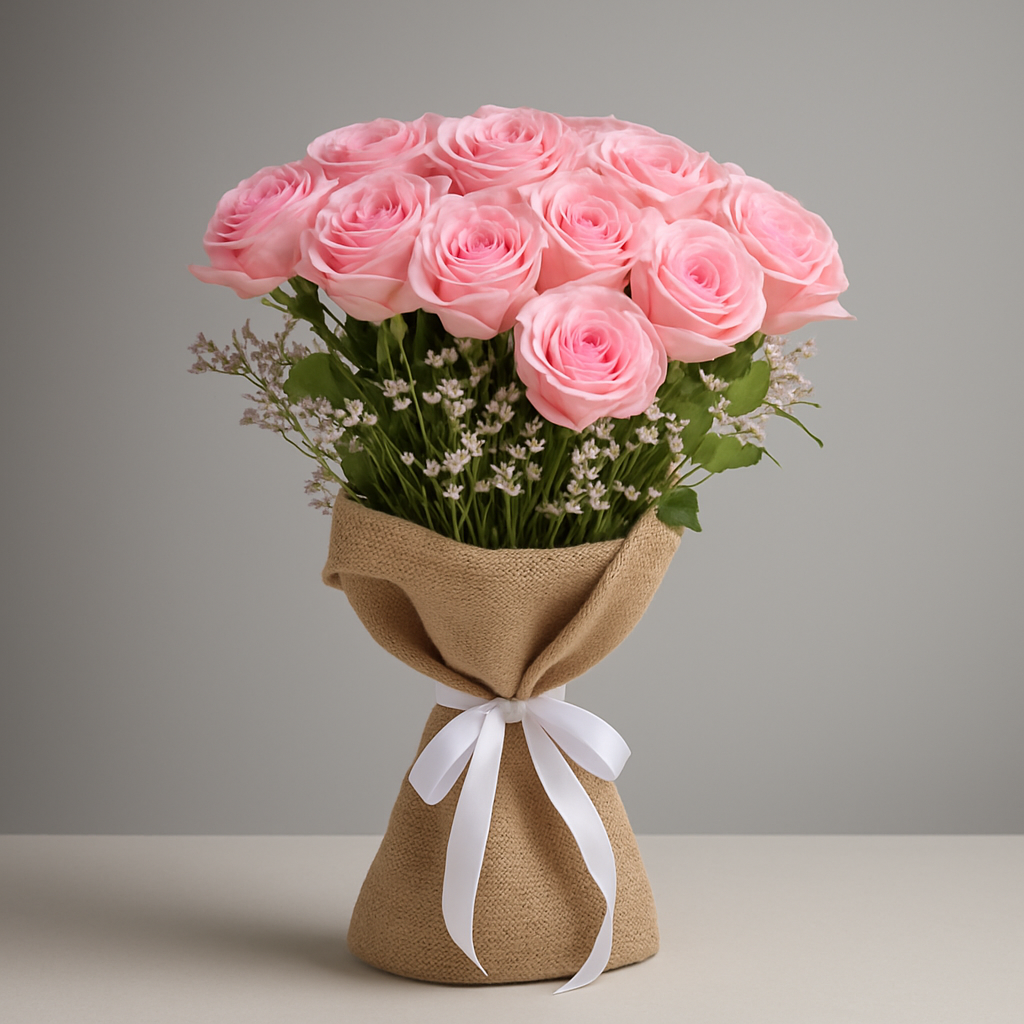 Pink Roses Burlap Wrapped Bouquet – Romantic Roses