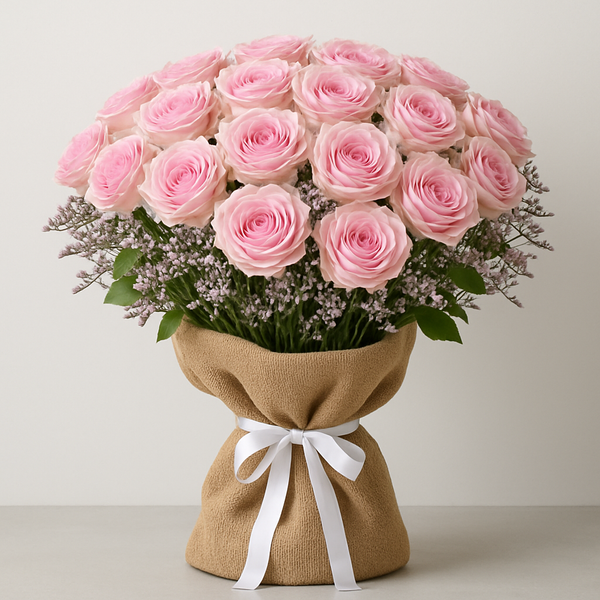 Pink Roses Burlap Wrapped Bouquet – Romantic Roses